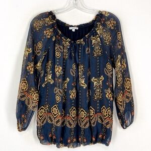 Rosemary Silk Italian Paisley Navy Blue Floral Print Blouse Size S